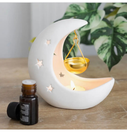 White Crescent Moon Oil Burner with Metal Dish